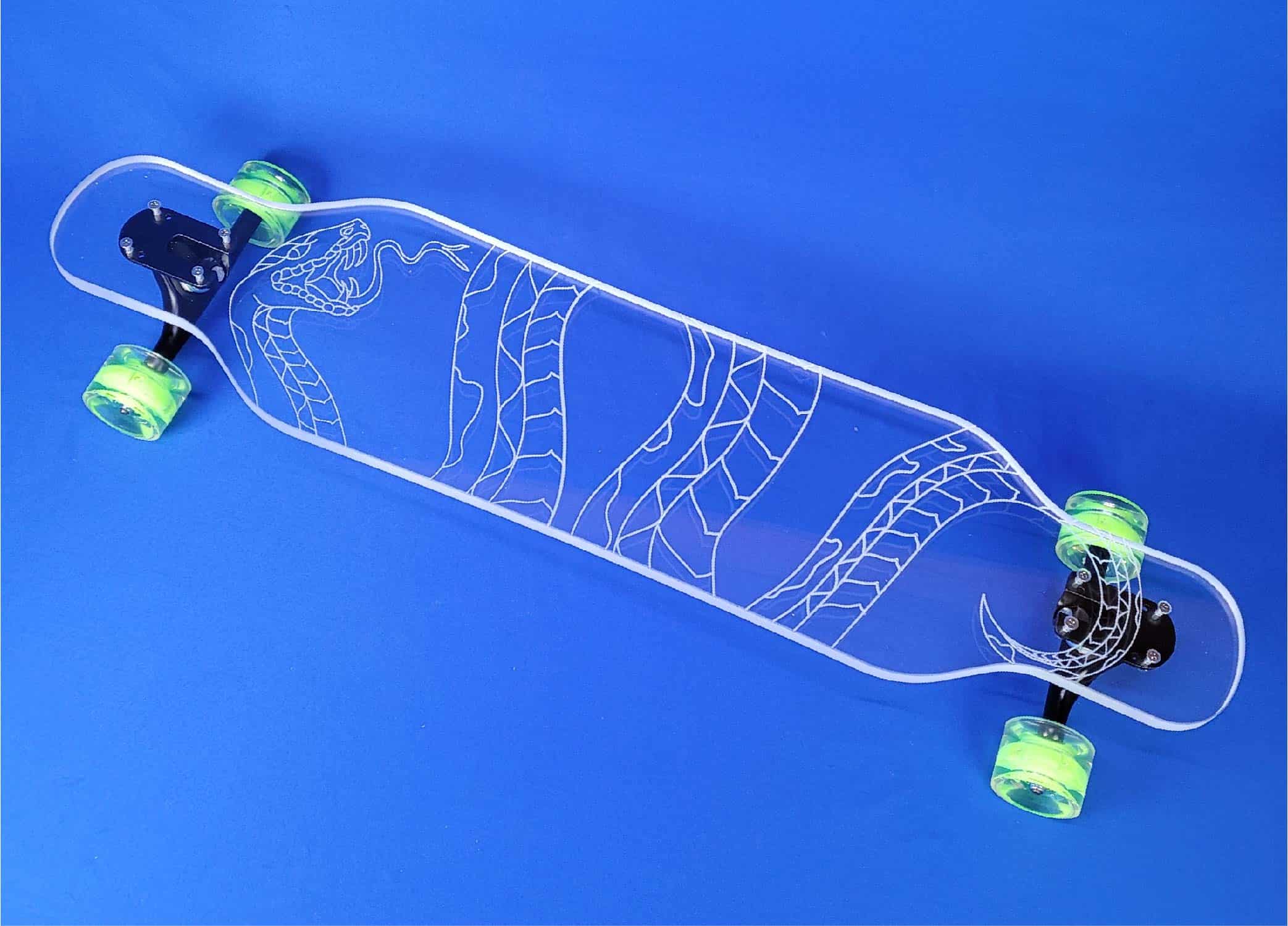 Viper Platypus Longboard- Snake wrapping around the clear Ghost longboard.