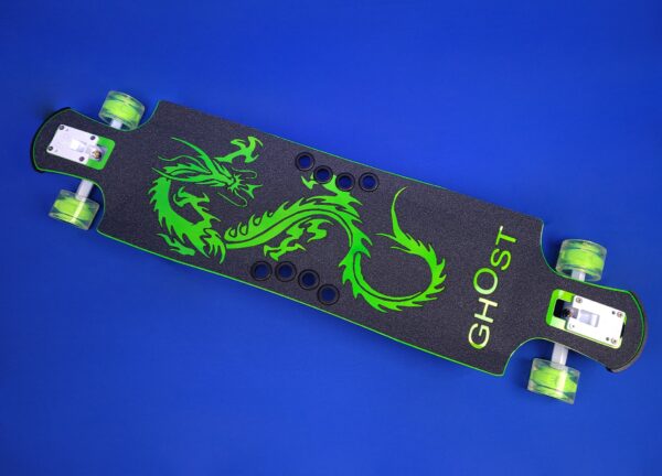 Aluminum longboard with a green dragon design, made by Ghost Boards.
