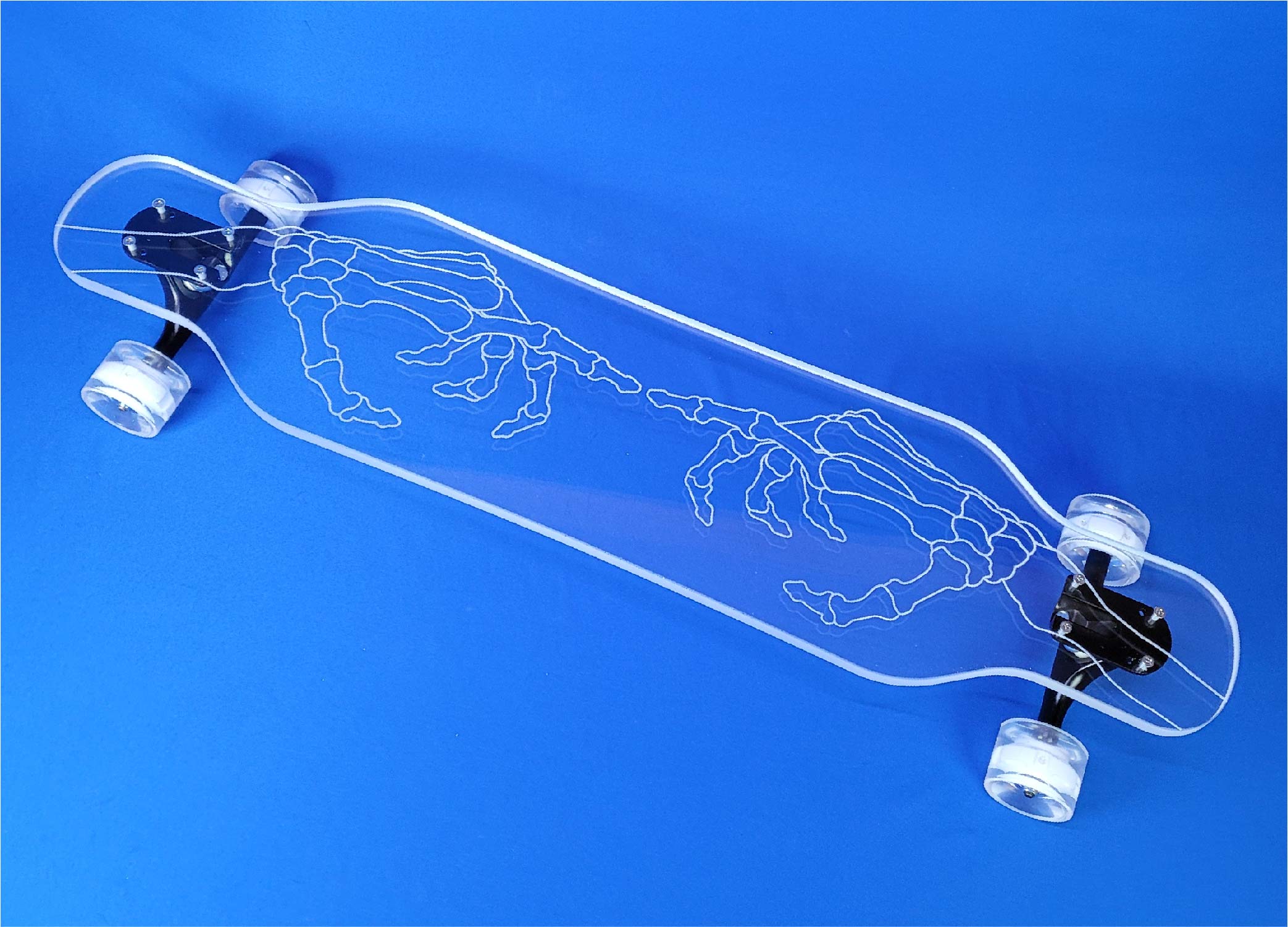 Clear Skeleton Hand longboard inspired by Michaelangelo's work on the roof of the Sistine Chapel.