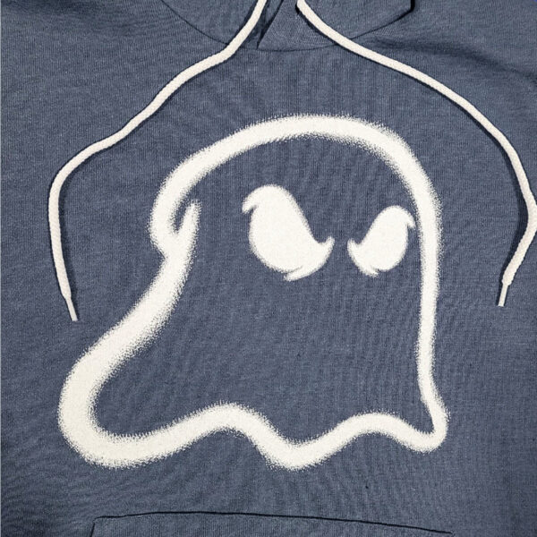 Blue Ghost Spray Paint Hoodie Logo Closeup