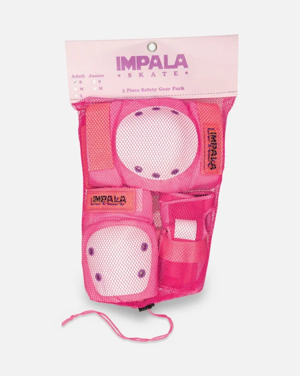 hot pink skate pads from impala skates that come in a pack of six. elbow, knee, and wrist protectors.