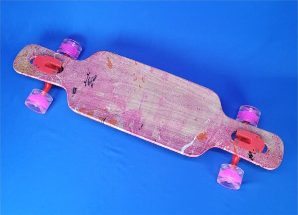 Bloody Valentine is a custom longboard. Pink painted longboard that comes with pink shark wheels. This custom board was made by the company "Special Boards" in Slovenia.