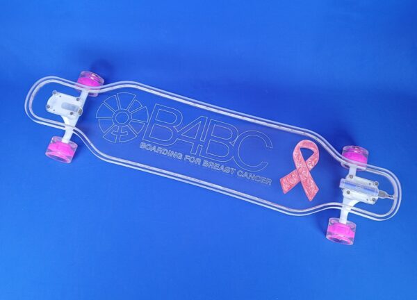 Clear longboard sold with B4BC logo on it to help fundraise money for us to provide longboards to their non-profit.