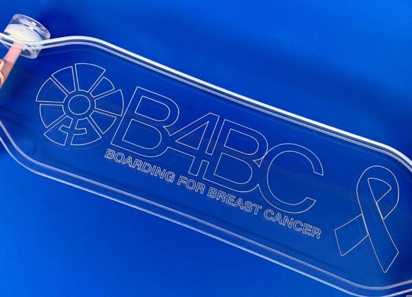 Closeup of the B4BC Logo Longboard closer so you can see their logo and company name.