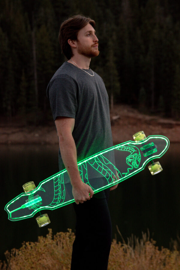 custom viper longboard side view light up green. mulit color boards and electric battery