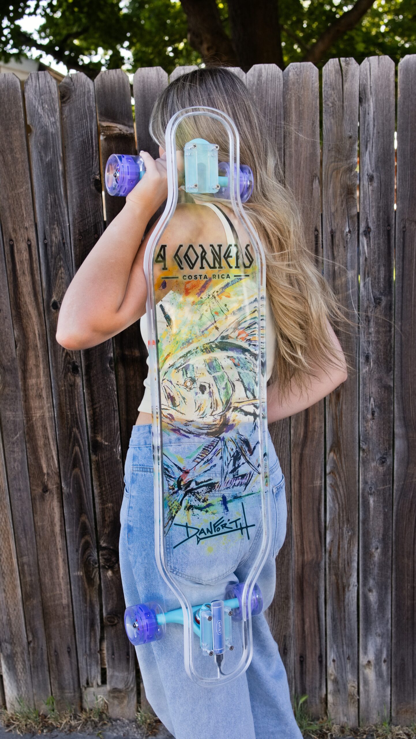 David Danforth Trout Fish 40 inch LED longboard with purple LED wheels and Paris trucks